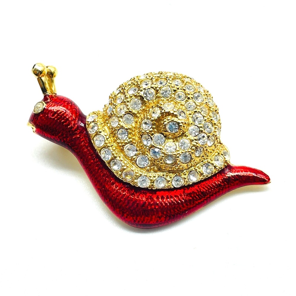 Signed Roman Snail Brooch Red Enamel Rhinestone Gold Tone Figural Pin Vintage